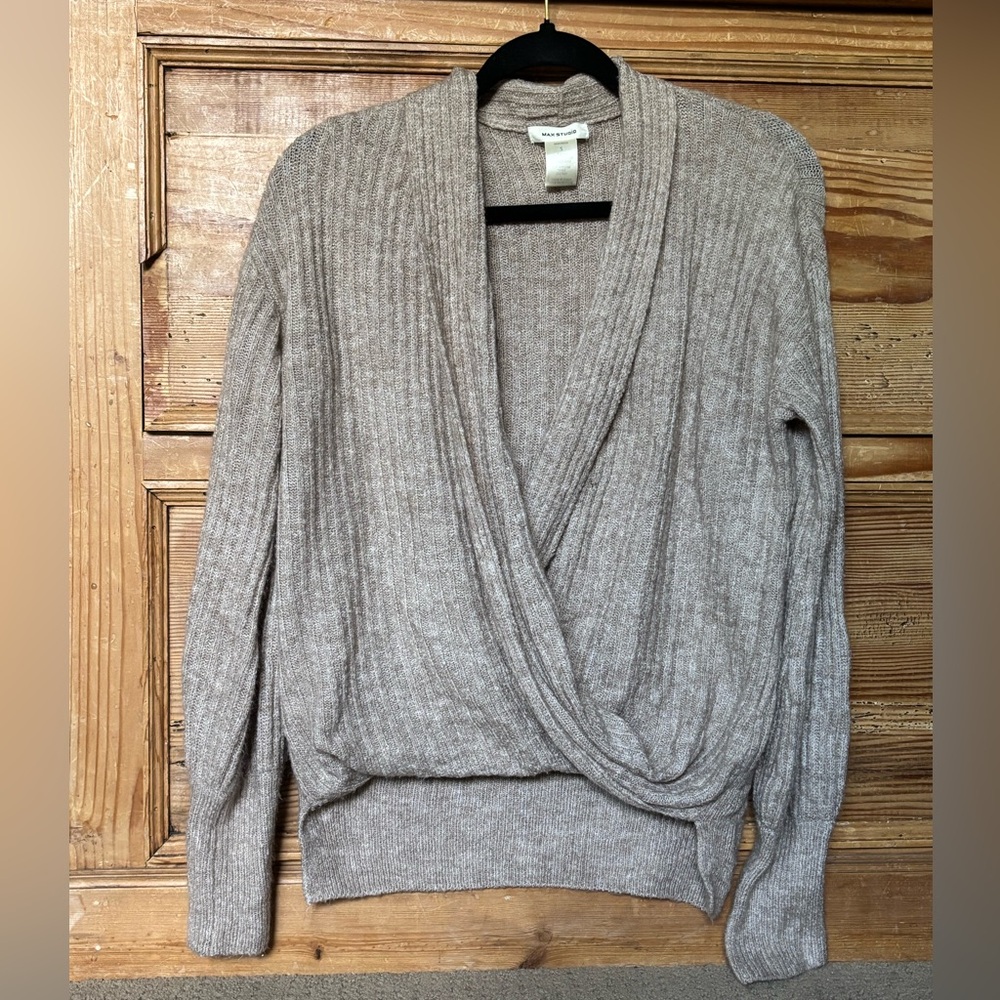 Max Studio Soft & Cozy Knit Wrap Sweater Tan S Long Sleeve Layering Top